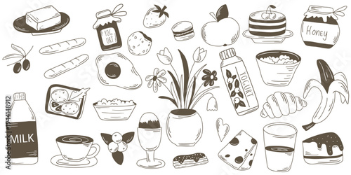 Hand drawn ink set of breakfast themed illustrations. Collection of food and drink items for meals in doodle sketch style. Relaxed morning vibe, brunch. Vector graphics