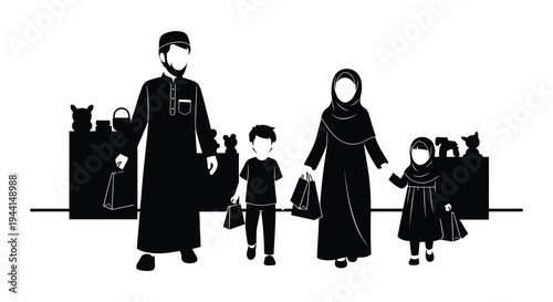 Diverse muslim families shopping for toys and enjoying time together
