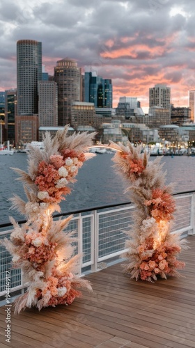 Beautiful wedding ceremony decor with pampas grass and white roses on a wooden arch, set against a river during sunset