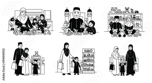 Diverse muslim families shopping for toys and enjoying time together