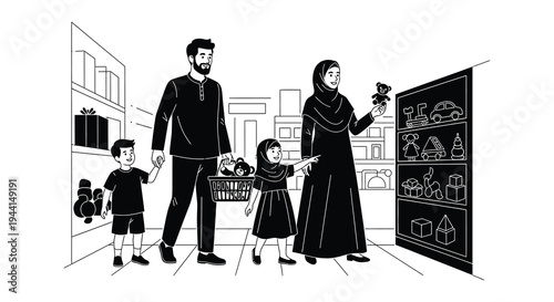 Diverse muslim families shopping for toys and enjoying time together