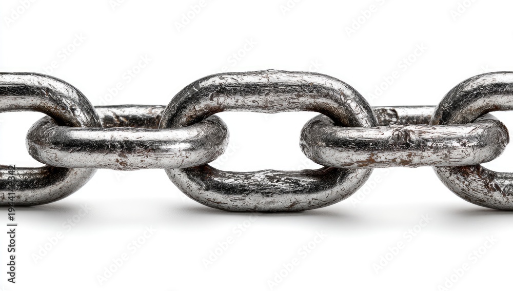 Fototapeta premium Close-up of a weathered metal chain against a white backdrop, demonstrating strength and connection