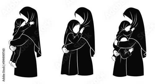 Three illustrations of mothers lovingly embracing their young children