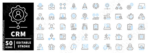 Crm icons set: editable line icons for customer management, outline interface tools