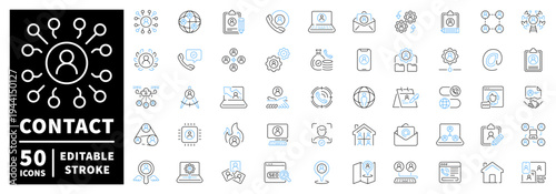 Contact icons set with editable line icons. linear, communication, phone symbols