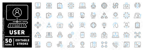 User management icons set: editable line icons, outline, admin and profile tools