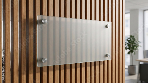 Blank clear acrylic sign board mockup on wooden slat wall.
