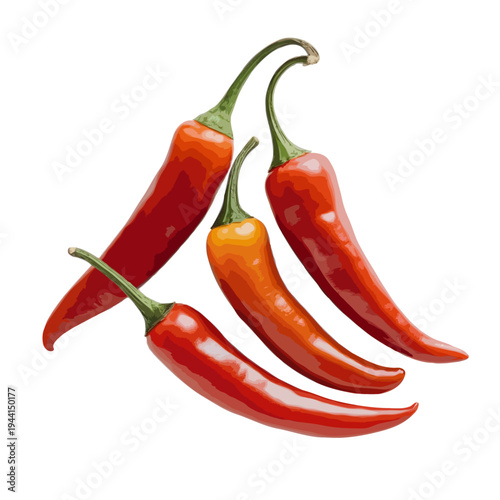 A vibrant display of three red chili peppers against a white background isolated on white background, Vector
