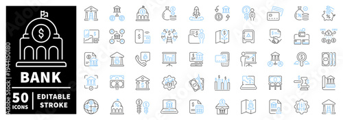 Bank and finance icons set. editable line icons, outline, business symbols collection
