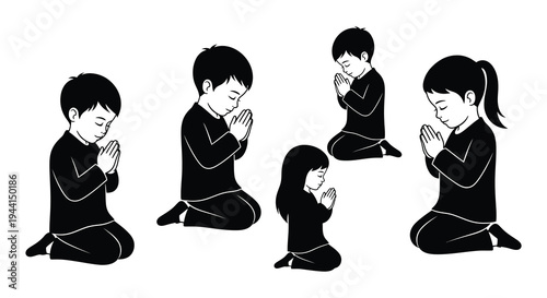 Three boys in prayer depicted in a simple black and white illustration
