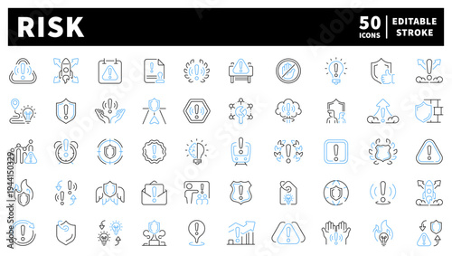Risk management editable line icons set. hazard and safety symbols