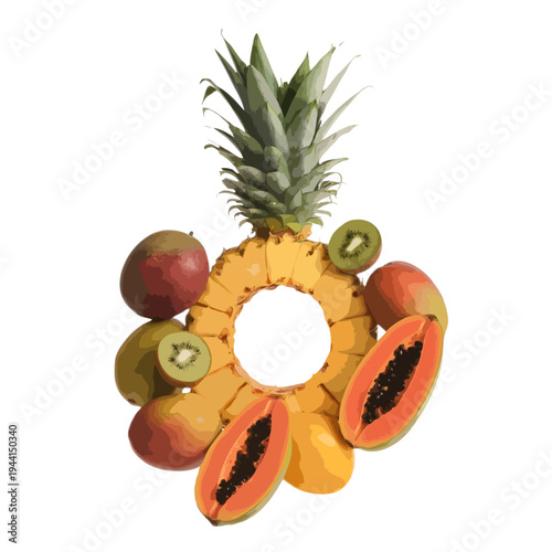 A vibrant assortment of tropical fruits arranged in a circular pattern isolated on white background, Vector