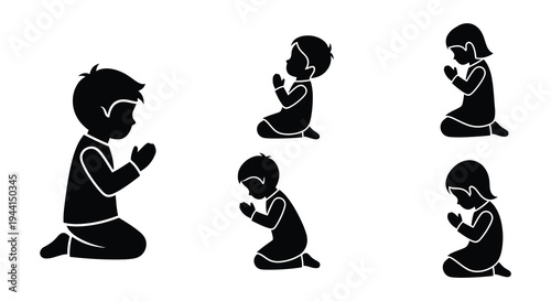 Three boys in prayer depicted in a simple black and white illustration