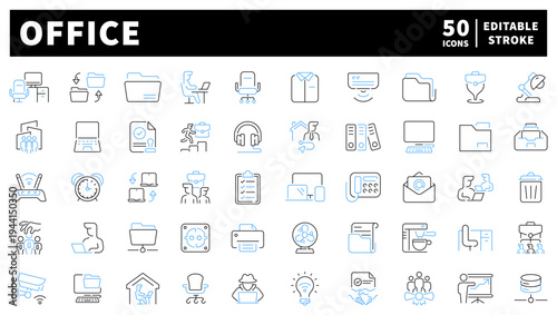 Office essentials editable line icons set. workspace and productivity symbols
