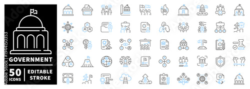 Government icons set. editable line icons with outline civic and agency symbols