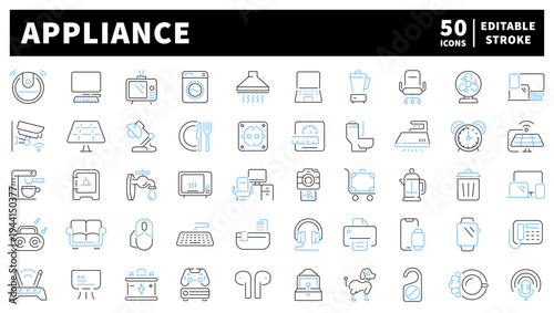 Appliance editable line icons set. kitchen and home electronics symbols