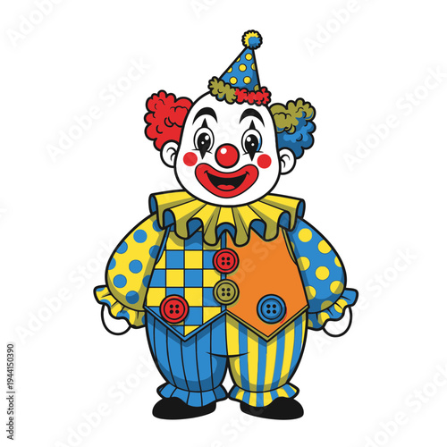 A cheerful cartoon clown with a colorful costume and makeup 1.
