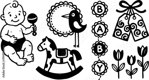 Black and white baby with rattle rocking horse bird tulip flowers gift tags and baby abc letters vector art