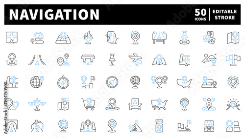 Navigation editable line icons set. map and route symbols for guides