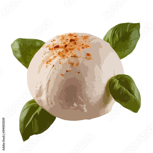 A delicious scoop of vanilla ice cream with a sprinkle of cinnamon and mint leaves isolated on white background, Vector