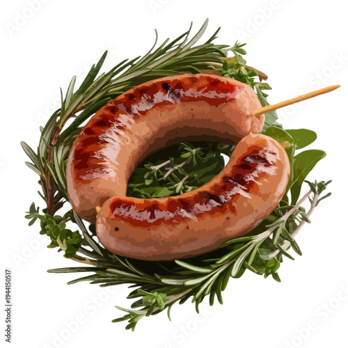 A festive wreath made of fresh greenery and a single red sausage in the center isolated on white background, Vector