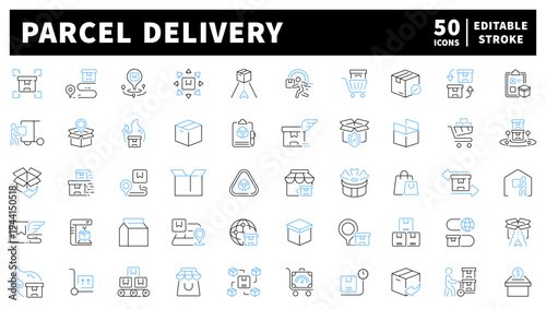 Parcel delivery editable line icons set: shipping and logistics outline symbols