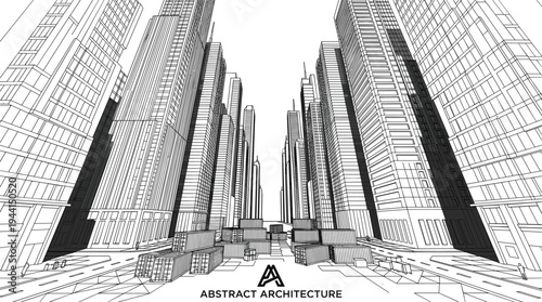 One-point perspective architectural sketch of a dense urban canyon featuring towering skyscrapers and modular shipping container clusters along a central boulevard.