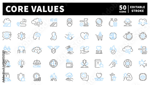Core values editable line icons set. mission and beliefs graphic symbols