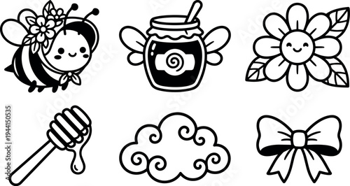 Cute kawaii bee with flower crown honey jar flower smiling bow cloud kawaii icons in black lines