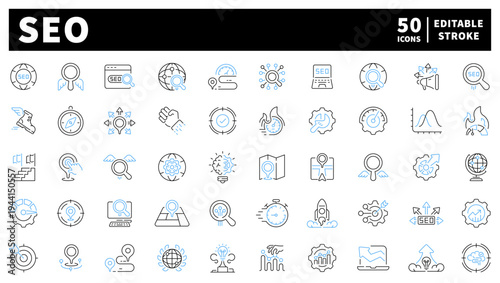 Seo editable line icons set: optimize, analytics, search symbols