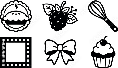 Black and white flat design set of pie berry whisk frame bow cupcake icons isolated on white background vector art