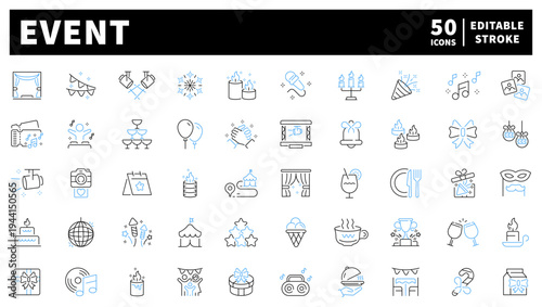 Event and celebration editable line icons set: party and festive symbols