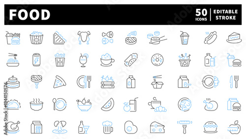 Food and beverage editable line icons set. dining and meal preparation visuals