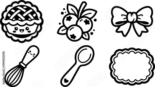 Cute kawaii style pie with lattice top blueberries ribbon whisk spoon and scalloped label vector icons set