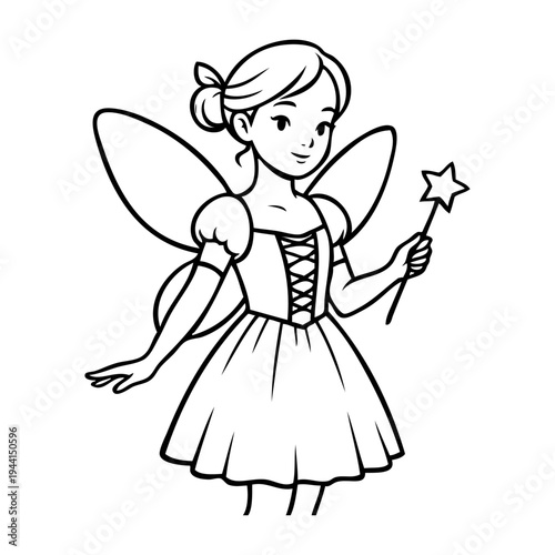 Dibujo sencillo con líneas de una niña de pie vestida con un disfraz de hada con alas y varita mágica 