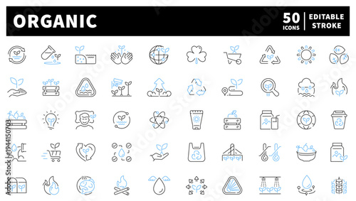 Organic gardening editable line icons set: nature and sustainability symbols