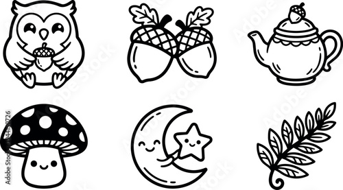 Cute hand drawn owl holding acorn with smiling mushroom crescent moon hugging star and floral leaf vector line art icons