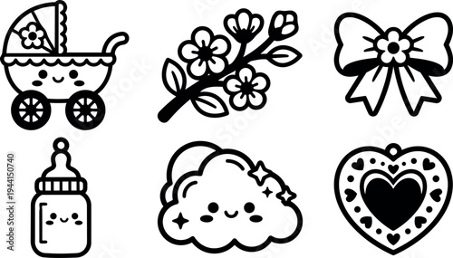 Cute kawaii style baby carriage bottle cloud heart with flower branch bow icons set