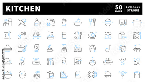 Kitchen editable line icons set: cookware, utensils, and culinary essentials