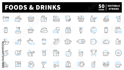 Food and drinks editable line icons set. beverage and dining symbols