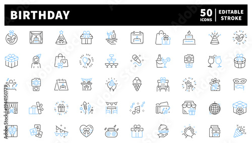 Birthday editable line icons set: party, celebration, and festive symbols
