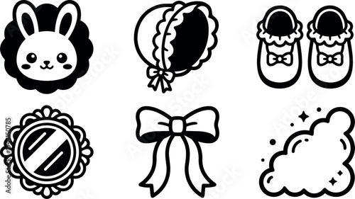 Cute children bonnet shoes bow mirror rabbit face cloud vector style icons simple black and white isolated objects
