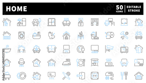 Home essentials editable line icons set: living and house decor symbols