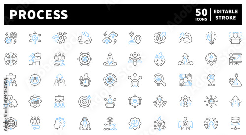 Process editable line icons set. workflow, management, and strategy symbols