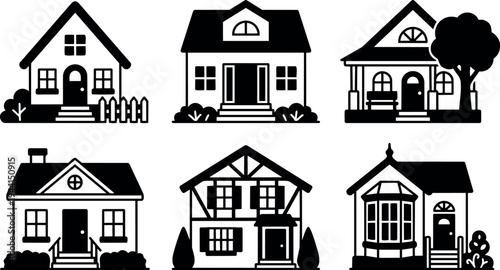 Minimalist black and white vector art set six distinct house facades with windows doors trees and fences simple residential designs front view