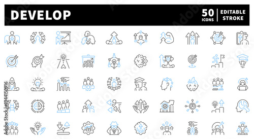 Development editable line icons set: growth, teamwork, innovation symbols