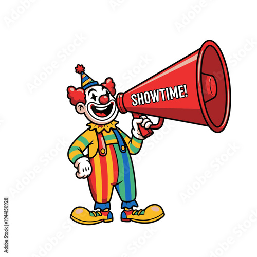 Happy Clown Announcing Showtime with a Megaphone.