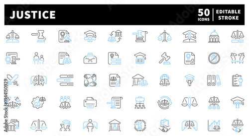 Justice editable line icons set: courtroom and legal symbols in outline style