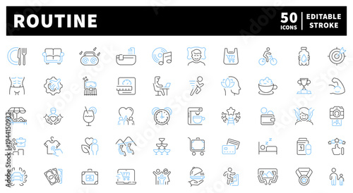 Daily routine editable line icons set: lifestyle and habit symbols in outline