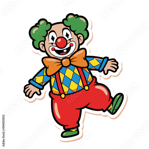Happy cartoon clown with colorful costume and green hair.